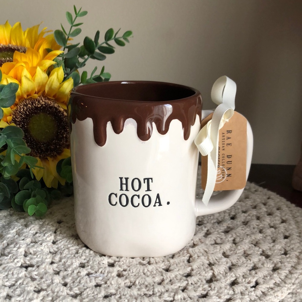 Rae Dunn Ceramic Mug with Brown Drip "HOT COCOA."